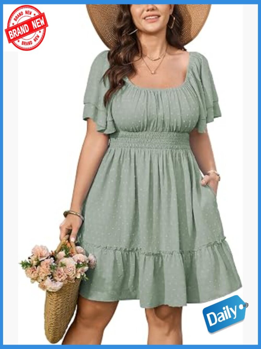 Plus Size Summer Dress Short Sleeve Square Neck A Line Boho Ruffle Mini Dress